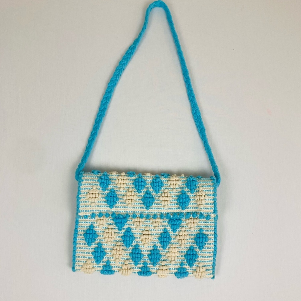 Antonello Tedde Blue And White Boho Textured Purse With Braided Strap.